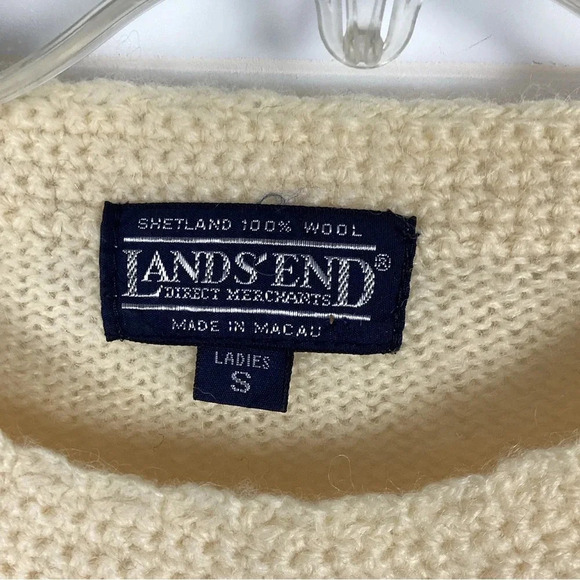 Land’s End Shetland’s 100% Wool Sweaterer Size Small Cream Cable Knit Fisherman - Picture 3 of 7